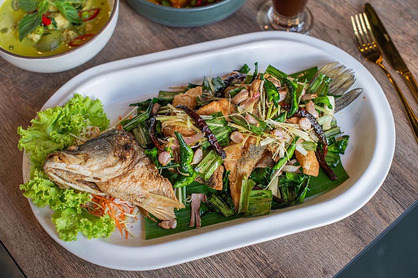 Deep Fried Whole Fish with Spicy Fresh Herbs Salad